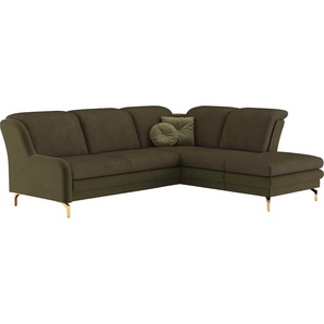 Ecksofa SIT&MORE Orient L-Form Sofas Gr. B/H/T: 258 cm x 91 cm x 221 cm, Struktur, Ottomane rechts, mit Kopfteilverstellung-ohne Bettfunktion-ohne Stauraum, grün (dunkelgrün, olive) inkl. 2 Zierkissen mit Strass-Stein, goldfabene Metallfüße