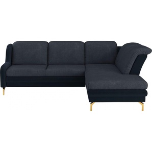 Ecksofa SIT&MORE Orient L-Form Sofas Gr. B/H/T: 258 cm x 91 cm x 221 cm, Struktur, Ottomane rechts, ohne Kopfteilverstellung-ohne Bettfunktion-ohne Stauraum, blau (dunkelblau, navy) inkl. 2 Zierkissen mit Strass-Stein, goldfabene Metallfüße