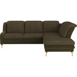 Ecksofa SIT&MORE Orient L-Form Sofas Gr. B/H/T: 258 cm x 91 cm x 221 cm, Struktur, Ottomane rechts, ohne Kopfteilverstellung-ohne Bettfunktion-ohne Stauraum, grün (dunkelgrün, olive) inkl. 2 Zierkissen mit Strass-Stein, goldfabene Metallfüße