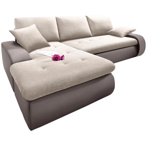 Ecksofa TRENDMANUFAKTUR Indie, L-Form Sofas Gr. B/H/T: 246 cm x 86 cm x 155 cm, Kunstleder SOFTLUX-Struktur fein, Recamiere links, mit Bettfunktion-XL, grau (taupe, hellbeige) wahlweise XL oder XXL