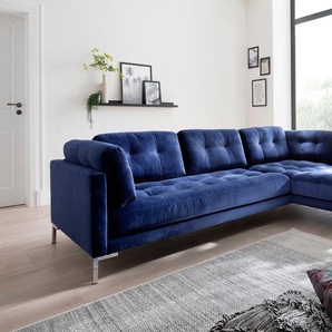 Ecksofa TRENDS BY HG Landau L-Form Sofas Gr. B/H/T: 275cm x 75cm x 158cm, Microvelours, Recamiere rechts, blau in Cord-Stoff mit Metallfuß