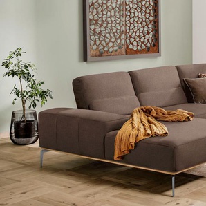 Ecksofa W.SCHILLIG run Sofas Gr. B/H/T: 319 cm x 88 cm x 178 cm, Flachgewebe W82, Recamiere links, mit Sitztiefenverstellung, braun (chocolate w82) mit elegantem Holzsockel, Füße in Chrom glänzend, Breite 319 cm