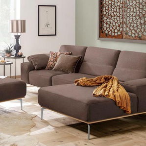 Ecksofa W.SCHILLIG run Sofas Gr. B/H/T: 319 cm x 88 cm x 178 cm, Flachgewebe W82, Recamiere rechts, mit Sitztiefenverstellung, braun (chocolate w82) mit elegantem Holzsockel, Füße in Chrom glänzend, Breite 319 cm