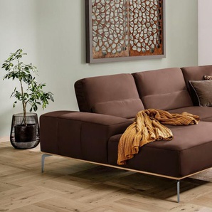 Ecksofa W.SCHILLIG run Sofas Gr. B/H/T: 319 cm x 88 cm x 178 cm, Longlife Xtra-Leder Z73, Recamiere links, mit Sitztiefenverstellung, braun (macchiato z73) mit elegantem Holzsockel, Füße in Chrom glänzend, Breite 319 cm