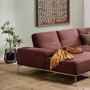 Ecksofa W.SCHILLIG run Sofas Gr. B/H/T: 319 cm x 88 cm x 178 cm, Longlife Xtra-Leder Z73, Recamiere links, mit Sitztiefenverstellung, rot (rosso marone z73) mit elegantem Holzsockel, Füße in Chrom glänzend, Breite 319 cm