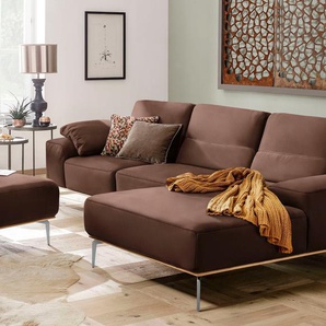 Ecksofa W.SCHILLIG run Sofas Gr. B/H/T: 319 cm x 88 cm x 178 cm, Longlife Xtra-Leder Z73, Recamiere rechts, mit Sitztiefenverstellung, braun (macchiato z73) mit elegantem Holzsockel, Füße in Chrom glänzend, Breite 319 cm