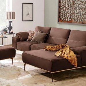 Ecksofa W.SCHILLIG run Sofas Gr. B/H/T: 319 cm x 88 cm x 178 cm, Longlife Xtra-Leder Z73, Recamiere rechts, mit Sitztiefenverstellung, braun (macchiato z73) mit Holzsockel, Füße in Bronze pulverbeschichtet, Breite 319 cm