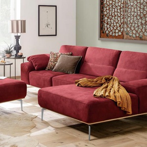 Ecksofa W.SCHILLIG run Sofas Gr. B/H/T: 319 cm x 88 cm x 178 cm, Longlife Xtra-Leder Z73, Recamiere rechts, mit Sitztiefenverstellung, rot (ruby red z73) mit elegantem Holzsockel, Füße in Chrom glänzend, Breite 319 cm