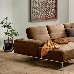 Ecksofa W.SCHILLIG run Sofas Gr. B/H/T: 319 cm x 88 cm x 178 cm, Stoff S37, Recamiere links, mit Sitztiefenverstellung, braun (chocolate s37) mit elegantem Holzsockel, Füße in Chrom glänzend, Breite 319 cm