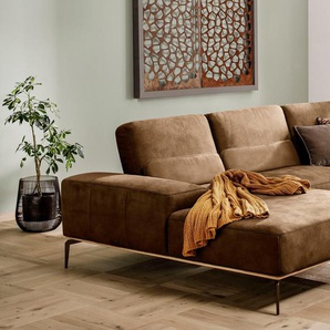 Ecksofa W.SCHILLIG run Sofas Gr. B/H/T: 319 cm x 88 cm x 178 cm, Stoff S37, Recamiere links, mit Sitztiefenverstellung, braun (chocolate s37) mit Holzsockel, Füße in Bronze pulverbeschichtet, Breite 319 cm