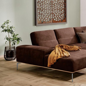 Ecksofa W.SCHILLIG run Sofas Gr. B/H/T: 319 cm x 88 cm x 178 cm, Stoff S37, Recamiere links, mit Sitztiefenverstellung, braun (espresso s37) mit elegantem Holzsockel, Füße in Chrom glänzend, Breite 319 cm