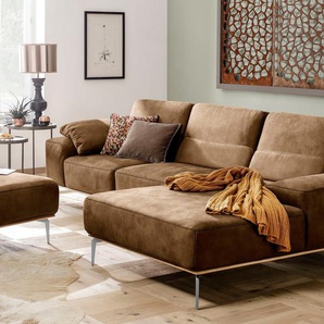 Ecksofa W.SCHILLIG run Sofas Gr. B/H/T: 319 cm x 88 cm x 178 cm, Stoff S37, Recamiere rechts, mit Sitztiefenverstellung, braun (chocolate s37) mit elegantem Holzsockel, Füße in Chrom glänzend, Breite 319 cm