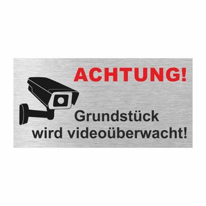 Edelstahl Hinweisschild Achtung Grundstück videoüberwachung 100x50 mm