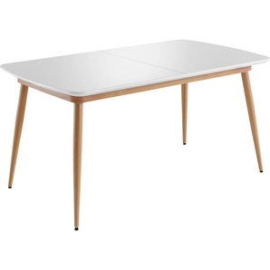 Esstisch INTER-FURN Bozen Tische Gr. B/H/T: 200cm x 76cm x 90cm, weiß (weiß hochglanz lack + bedrucktes metallgestell eiche riviera honig nb lack) ausziehbar 160 bis 200 cm, Tischplatte Weiß Lack, Metallgestell