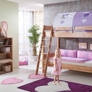 Etagenbett RELITA Stefan Etagenbetten Gr. 2-er Tunnel und 1 Tasche, Liegefläche B/L: 90 cm x 200 cm, kein Härtegrad, ohne Matratze, lila (purple, weiß, buche natur lackiert) Baby Etagenbetten inkl. Rolllattenrost, mit Leiter u. Absturzschutz, Textil-Set,