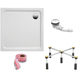 FOND Duschwanne, quadratisch, Sanitäracryl, Set, 90x90x3 cm, mit Fußgestell, Ablaufgarnitur und Fugendichtband
