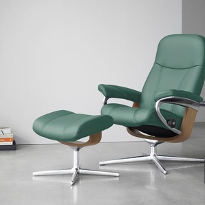 Fußhocker STRESSLESS Consul Hocker Gr. B/H/T: 54cm x 41cm x 39cm, Leder PALOMA, Cross Base Eiche, grün (aqua green paloma) mit Cross Base, Größe S, M & L, Holzakzent Eiche