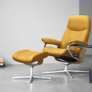 Fußhocker STRESSLESS Consul Hocker Gr. B/H/T: 54cm x 41cm x 39cm, ROHLEDER Stoff Q2 FARON, Cross Base Eiche, gelb (yellow q2 faron) mit Cross Base, Größe S, M & L, Holzakzent Eiche