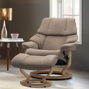 Fußhocker STRESSLESS Reno Hocker Gr. B/H/T: 55cm x 40cm x 41cm, ROHLEDER Stoff Q2 FARON, Classic Base Eiche, beige (beige q2 faron) mit Classic Base, Gestell Eiche