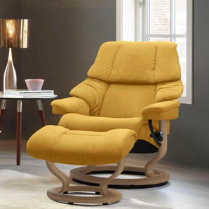 Fußhocker STRESSLESS Reno Hocker Gr. B/H/T: 55cm x 40cm x 41cm, ROHLEDER Stoff Q2 FARON, Classic Base Eiche, gelb (yellow q2 faron) mit Classic Base, Gestell Eiche