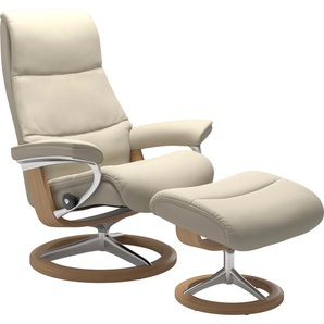 Fußhocker STRESSLESS View Hocker Gr. B/H/T: 57cm x 43cm x 47cm, Leder BATICK, Cross Base Eiche, beige (cream batick) mit Signature Base,Gestell Eiche