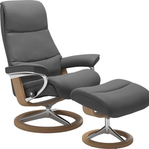 Fußhocker STRESSLESS View Hocker Gr. B/H/T: 57cm x 43cm x 47cm, Leder BATICK, Cross Base Eiche, grau (grey batick) mit Signature Base,Gestell Eiche