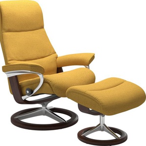 Fußhocker STRESSLESS View Hocker Gr. B/H/T: 57cm x 43cm x 47cm, ROHLEDER Stoff Q2 FARON, Cross Base Braun, gelb (yellow q2 faron) mit Signature Base,Gestell Braun