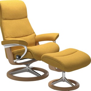 Fußhocker STRESSLESS View Hocker Gr. B/H/T: 57cm x 43cm x 47cm, ROHLEDER Stoff Q2 FARON, Cross Base Eiche, gelb (yellow q2 faron) mit Signature Base,Gestell Eiche