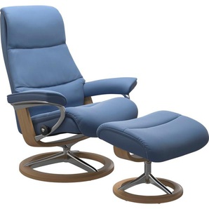 Fußhocker STRESSLESS View Hocker Gr. Gr. B/H/T, Material Bezug, Cross Base Eiche, blau (lazuli blue) mit Signature Base,Gestell Eiche