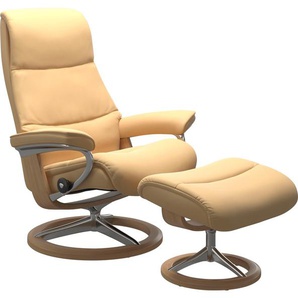 Fußhocker STRESSLESS View Hocker Gr. Gr. B/H/T, Material Bezug, Cross Base Eiche, gelb mit Signature Base,Gestell Eiche