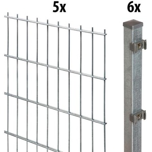 GARDEN N MORE Doppelstabmattenzaun Standard Zaunelemente 5 Elemente für 10 m, LxH: 200 x 203 cm, mit 6 Pfosten Gr. H/L: 200cm x 10 m, Pfosten: 6 St., grau (feuerverzinkt)