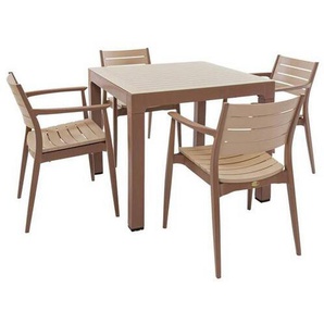 Gardenson Gartenset Regnum, Beige, Kunststoff, Glas, 5-teilig, lichtecht, Stühle stapelbar, Tisch mit Glasplatte, Balkonmöbel, Balkonmöbel-Sets