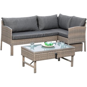 Gardenson Loungegarnitur, Beige, Glas, Füllung: Schaumstoff, 190x113 cm, Tisch höhenverstellbar, mit Glasplatte, Loungemöbel, Loungemöbel-Sets