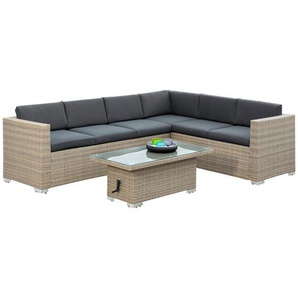 Gardenson Loungegarnitur, Braun, Dunkelgrau, Metall, Kunststoff, Glas, Textil, 15-teilig, Füllung: Schaumstoff, 208x269x61 cm, Tisch höhenverstellbar, Loungemöbel, Loungemöbel-Sets