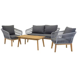 Gardenson Loungegarnitur, Grau, Akazie, Holz, Metall, Textil, 4-teilig, Akazie, rund, Loungemöbel, Loungemöbel-Sets