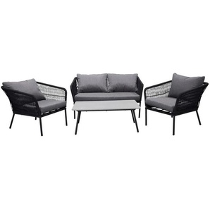 Gardenson Loungegarnitur, Schwarz, Grau, Metall, Textil, 134x69x80 cm, Tisch mit Glasplatte, Loungemöbel, Loungemöbel-Sets