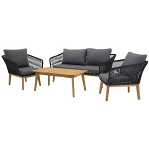 Gardenson Loungegarnitur, Schwarz, Akazie, Dunkelgrau, Holz, Metall, Textil, 4-teilig, Akazie, rund, Loungemöbel, Loungemöbel-Sets