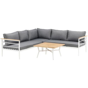 Gardenson Loungegarnitur, Weiß, Holz, Metall, Teakholz, Füllung: Schaumstoff, L-Form, 233x233 cm, Handmade in China, UV-beständig, Loungemöbel, Loungemöbel-Sets