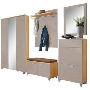 Xxxl Garderobe Santina, Taupe, Eiche, Holz, Glas, Textil, 6-teilig, Eiche, furniert, 245x195x40 cm, Goldenes M, Made in Germany, DGM-Klimapakt, Garderobe, Garderoben-Sets