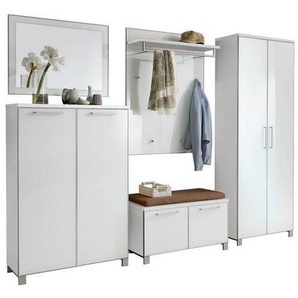 Xxxl Garderobe Santina, Weiß, Hellbraun, Glas, Textil, Holzwerkstoff, 6-teilig, 260x193x40 cm, Goldenes M, Made in Germany, DGM-Klimapakt, Garderobe, Garderoben-Sets