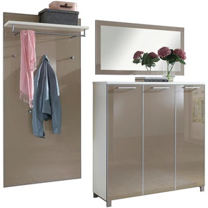 Garderobe Santina, Weiß, Taupe, Glas, Holzwerkstoff, 3-teilig, 215x195x37 cm, Goldenes M, Made in Germany, DGM-Klimapakt, Garderobe, Garderoben-Sets