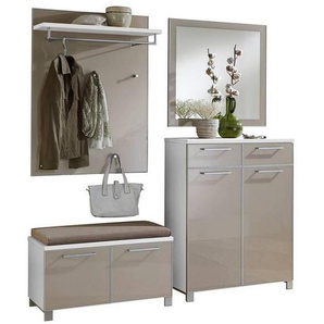 Garderobe Santina, Weiß, Taupe, Glas, Textil, Holzwerkstoff, 5-teilig, 180x195x40 cm, Goldenes M, Made in Germany, DGM-Klimapakt, Garderobe, Garderoben-Sets