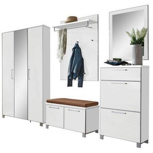 Garderobe Santina, Weiß, Taupe, Glas, Textil, Holzwerkstoff, 6-teilig, 245x195x40 cm, Goldenes M, Made in Germany, DGM-Klimapakt, Garderobe, Garderoben-Sets