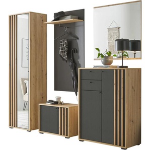 Garderoben-Set HBZ 5-tlg. Eiche MDF Stripes Flurgarderobe Stellmaß BxHxT 230x196x38 cm Kastenmöbel-Sets Gr. B/H/T: 230cm x 196cm x 38cm, schwarz (artisan eiche/schwarz) Mit Schuhkommode, Hochschrank, Bank, Paneel, Spiegel