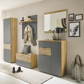 Garderoben-Set HBZ 5-tlg. Eiche Stripes Optik Flurgarderobe Stellmaß BxHxT 260x197x38 cm Kastenmöbel-Sets Gr. B/H/T: 260cm x 197cm x 38cm, grau (artisan eiche/grau) Mit Schuhkommode, Hochschrank, Bank, Paneel, Spiegel