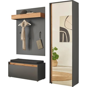 Garderoben-Set INOSIGN GIRON/ CiTY, Garderobe in Wotan Eiche, moderner Garderobenschrank Kastenmöbel-Sets Gr. B/H/T: 170cm x 200cm x 40cm, grau (anthrazit) enthält Garderobenschrank, Paneel, Schuhbank inkl. Sitzkissen