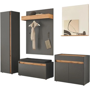 Garderoben-Set INOSIGN GIRON/ CiTY, Garderobe in Wotan Eiche, moderner Garderobenschrank Kastenmöbel-Sets Gr. B/H/T: 260cm x 200cm x 40cm, grau (anthrazit) enthält Schrank, Kommode, Spiegel, Paneel & Schuhbank +Sitzkissen