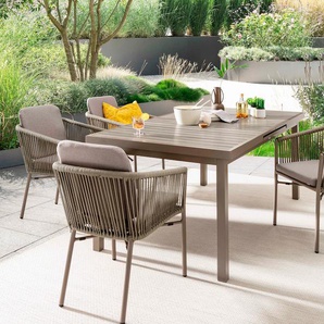 Garten-Essgruppe DESTINY LUCCA IMOLA Sitzmöbel-Sets Gr. Polyester, grau (taupe) Outdoor Möbel 4 Stapelsessel + Ausziehtisch 165215x100x75 cm inkl. Auflagen