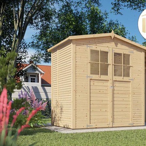 Gartenhaus KONIFERA Alto 2 PLUS Fineline Satteldach Gartenhäuser Gr. ohne Fußboden, ohne Rück- und Seitenwand, beige (naturbelassen) mit Anbaudach