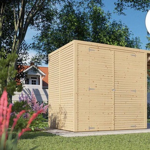 Gartenhaus KONIFERA Beno 3 PLUS Fineline Flachdach Gartenhäuser Gr. ohne Fußboden, ohne Rück- und Seitenwand, beige (naturbelassen) mit Anbaudach